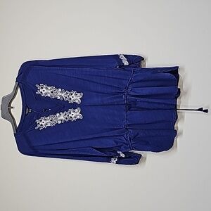 Lauren Ralph Lauren slub yarn embroider top with drawstring waist blue white 3X